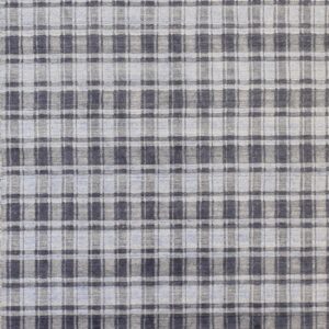 A full view of a low-pile rug featuring a blue, light gray, and dark gray plaid pattern.