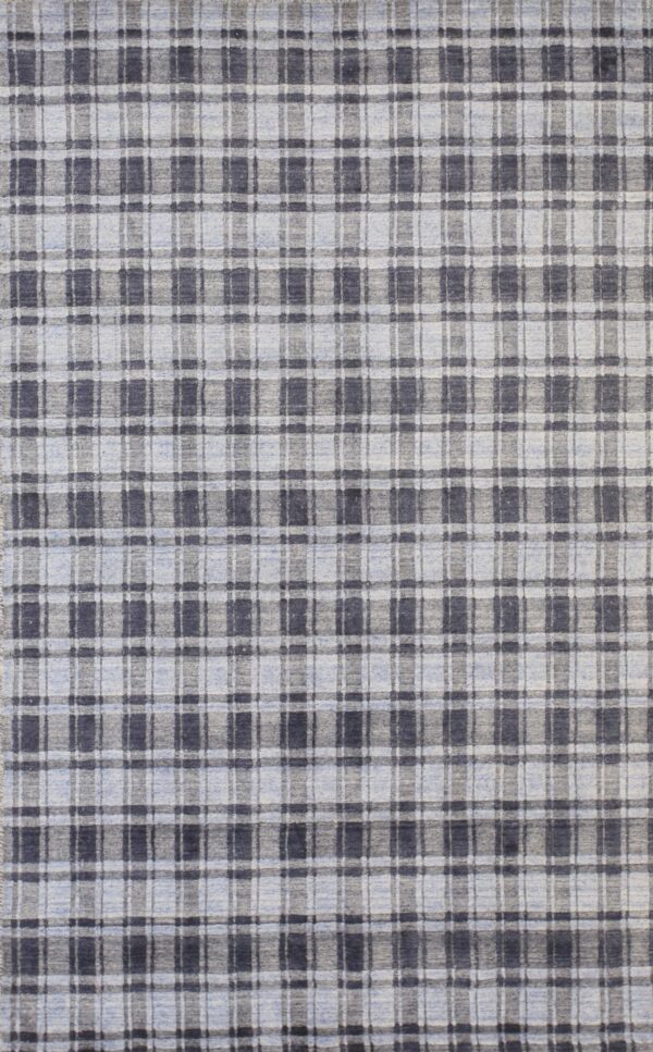 A full view of a low-pile rug featuring a blue, light gray, and dark gray plaid pattern.