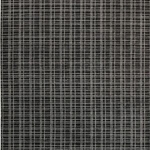 Textured dark gray rug featuring an all-over, irregular light gray grid pattern and cream fringe.