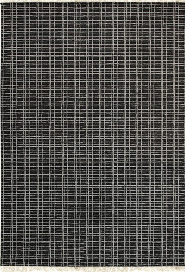 Textured dark gray rug featuring an all-over, irregular light gray grid pattern and cream fringe.