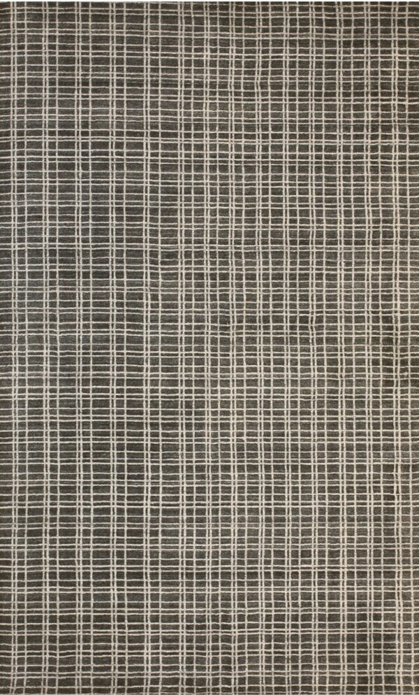 A dark gray rug featuring a full-surface, irregular off-white windowpane check pattern.