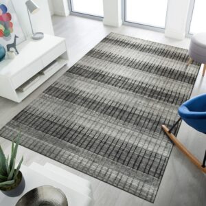 Textured gray rug with alternating dark and light striped bands rests on light wood flooring.