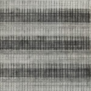 Textured gray rug displaying horizontal stripes intersected by dark, continuous vertical lines.