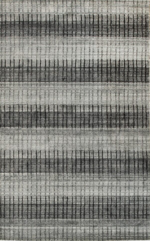 Textured gray rug displaying horizontal stripes intersected by dark, continuous vertical lines.