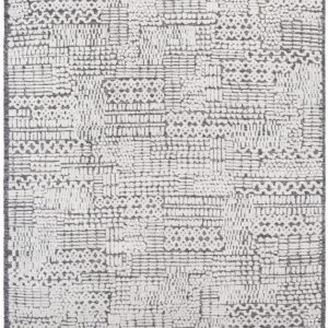 Textured white and charcoal gray rug with abstract high-low pile geometric block patterning.