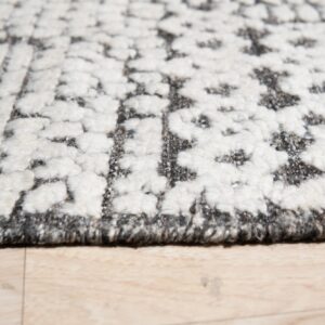 Textured gray and cream rug with a raised geometric pattern displayed close-up on light wood flooring.