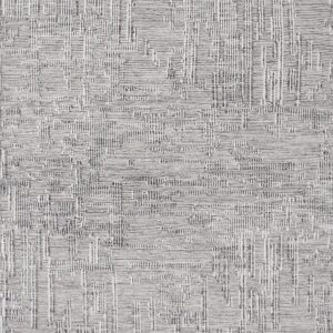 Textured gray rug with an abstract pattern of dense, intersecting light and dark lines.