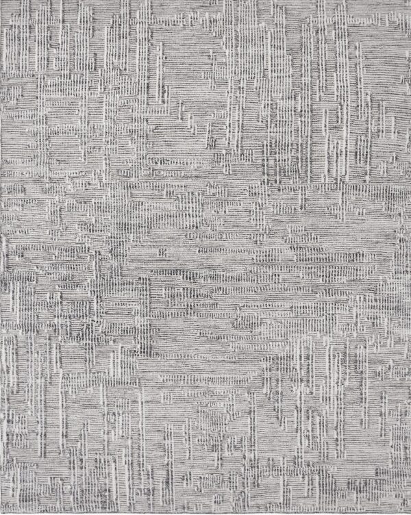 Textured gray rug with an abstract pattern of dense, intersecting light and dark lines.