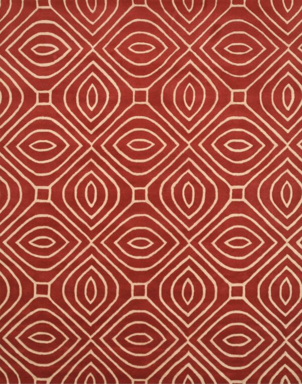 Deep red low-pile rug featuring a cream geometric pattern of nested ogee shapes and lattice lines.