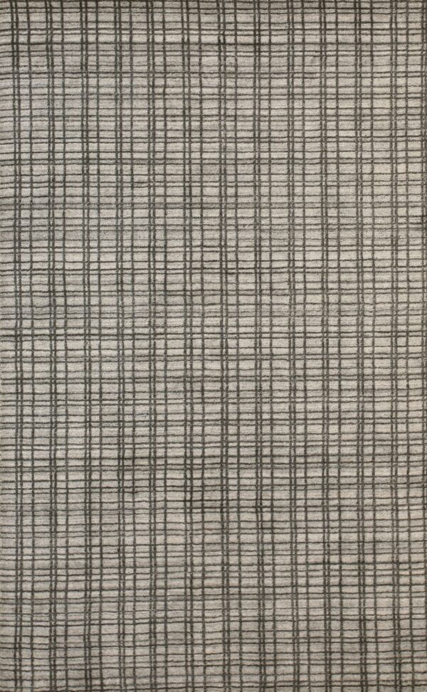 Textured light gray rug features an irregular dark gray grid pattern covering the entire surface.