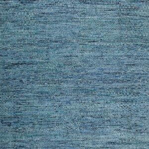 Textured rug in variegated blues and teals, featuring horizontal tonal banding across the low pile surface.