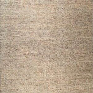 Low-pile beige and brown heathered rug featuring horizontal striations and an abstract, textured weave.