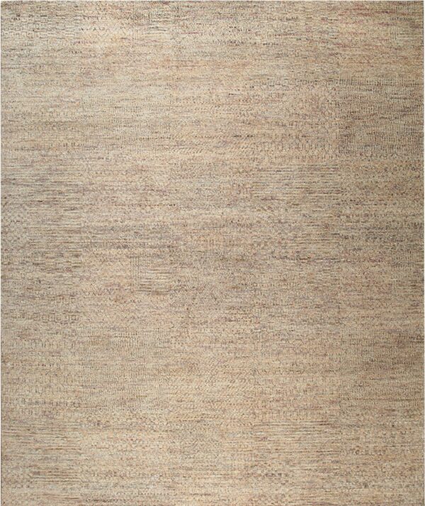 Low-pile beige and brown heathered rug featuring horizontal striations and an abstract, textured weave.