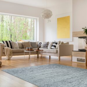 Low-pile blue and gray striated rug on hardwood floors in a sunlit modern living room.