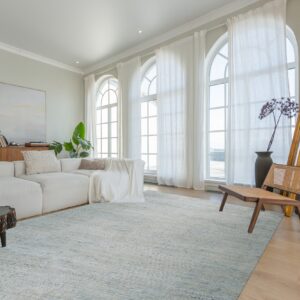 Light blue and gray textured rug under a white sofa in a bright room with arched windows.