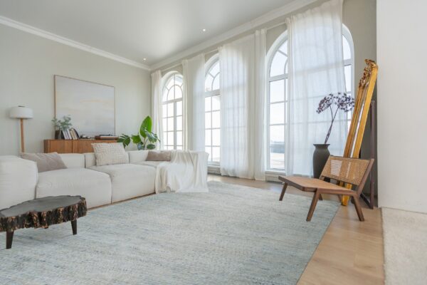Light blue and gray textured rug under a white sofa in a bright room with arched windows.