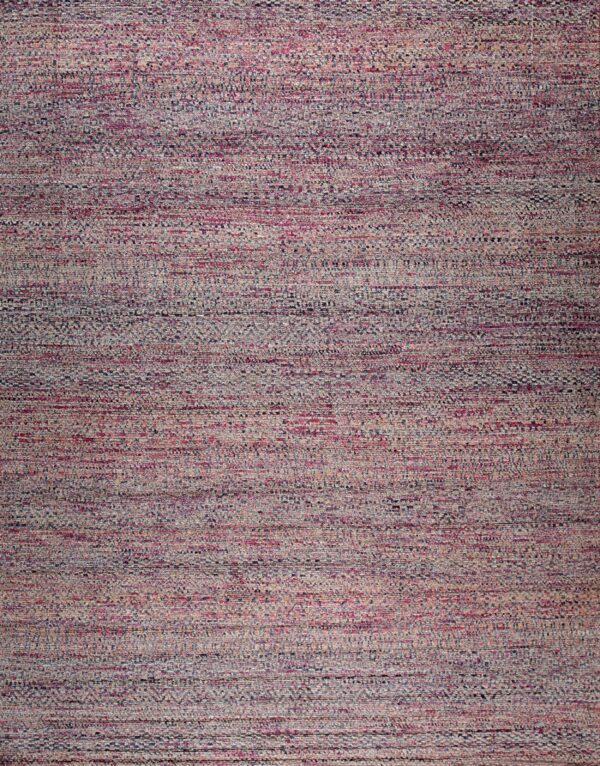 Textured abstract rug blending magenta, navy, and beige threads into horizontal bands.