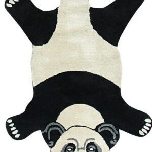 Black and cream rug shaped like a stylized panda bear with gray details on the face.