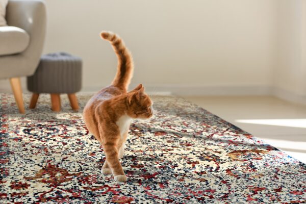 Orange cat on a cream abstract rug with red, blue, and tan spots, set in a sunny living area.