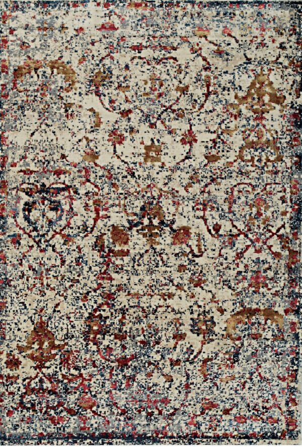 Distressed traditional rug in cream, navy, red, gray, and gold with a mottled, pixelated effect.