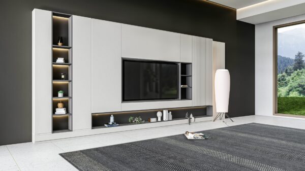 Charcoal and light gray patterned rug anchors a modern room with a large media wall and window view.