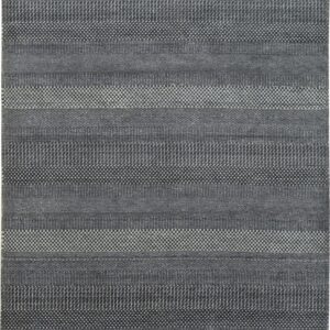 Monochromatic charcoal gray rug displaying textured horizontal stripes with checkerboard and ribbed details.
