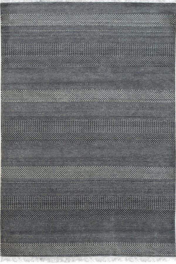 Monochromatic charcoal gray rug displaying textured horizontal stripes with checkerboard and ribbed details.