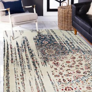 Distressed cream rug featuring abstract stripes transitioning into a traditional medallion design on tiled floors.