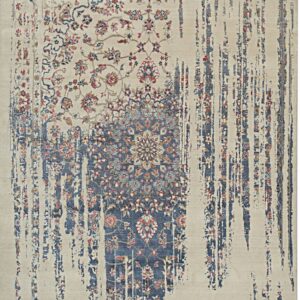 Beige rug with traditional blue and red patterns transitioning to vertical distressed abstract designs.