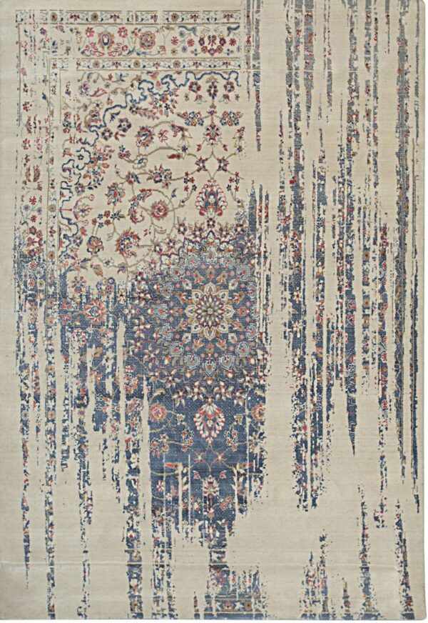 Beige rug with traditional blue and red patterns transitioning to vertical distressed abstract designs.