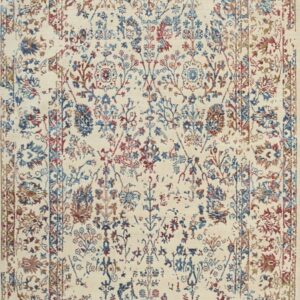 Cream area rug featuring a distressed traditional floral medallion and borders in blue, red, and brown.