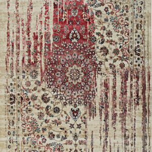 Cream and red distressed rug featuring a faded traditional medallion design with vertical color streaking.