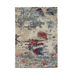 Abstract rug with distressed pattern in cream, beige, grey, red, and navy colors.