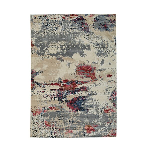 Abstract rug with distressed pattern in cream, beige, grey, red, and navy colors.