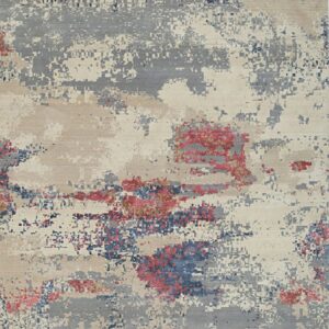 Abstract rug featuring a pixelated pattern in cream, gray, red, and navy blue accents.