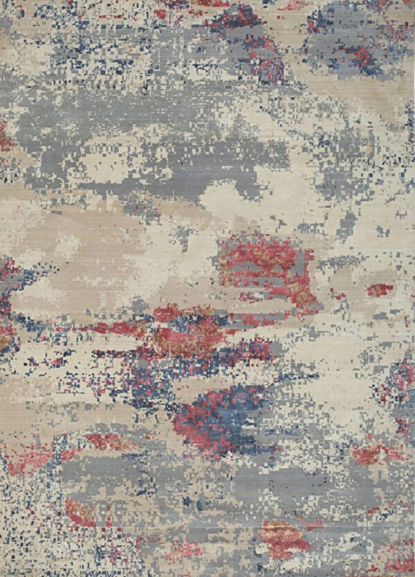 Abstract rug featuring a pixelated pattern in cream, gray, red, and navy blue accents.