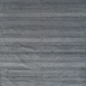 Charcoal gray rug featuring alternating horizontal stripes of textured weaves, including small checks and vertical ribs, with white fringe.