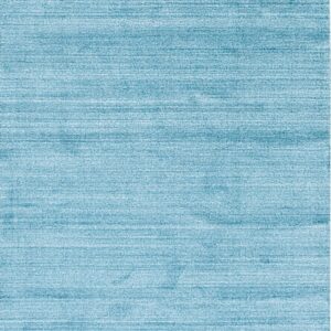 A turquoise blue rug features a textured, low pile surface with subtle horizontal tonal variations.