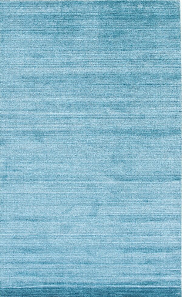 A turquoise blue rug features a textured, low pile surface with subtle horizontal tonal variations.
