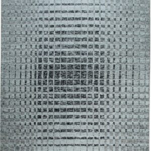 Pale gray, low-pile rug with a textured grid pattern concentrating dark charcoal squares in the center.