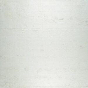 A solid off-white high pile rug displays a shaggy, uneven texture with subtle horizontal lines.