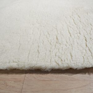 Thick, off-white, high-pile rug detail showing shaggy texture resting on light blonde wood flooring.