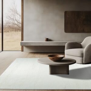 Plush cream area rug set on wood floors in a minimalist living room with a gray table.