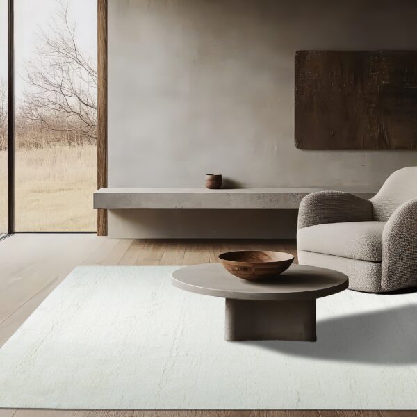 Plush cream area rug set on wood floors in a minimalist living room with a gray table.