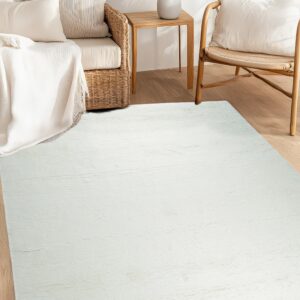 A textured off-white rug covers a wood floor in a brightly lit room with neutral wicker furniture.