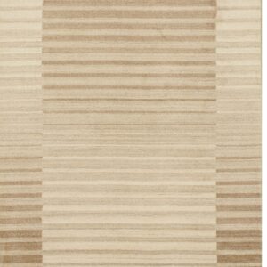 Tan and cream rug with varied horizontal stripes forming a distinct geometric rectangular field.