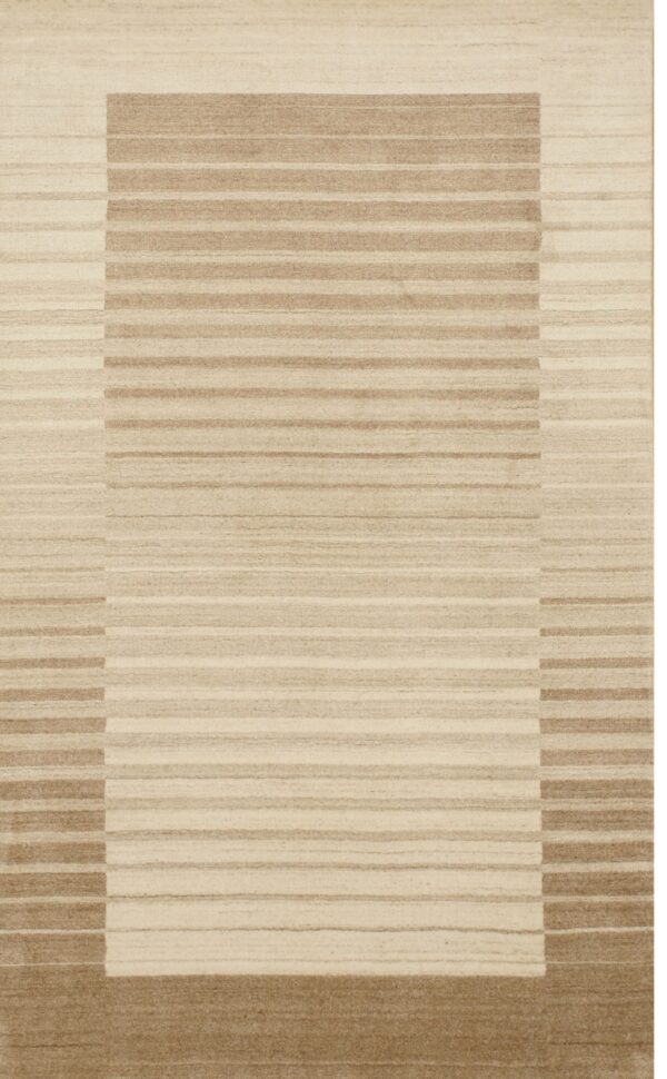Tan and cream rug with varied horizontal stripes forming a distinct geometric rectangular field.