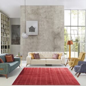 Red low-pile rug centering a bright living room with two modern sofas and textured gray walls.
