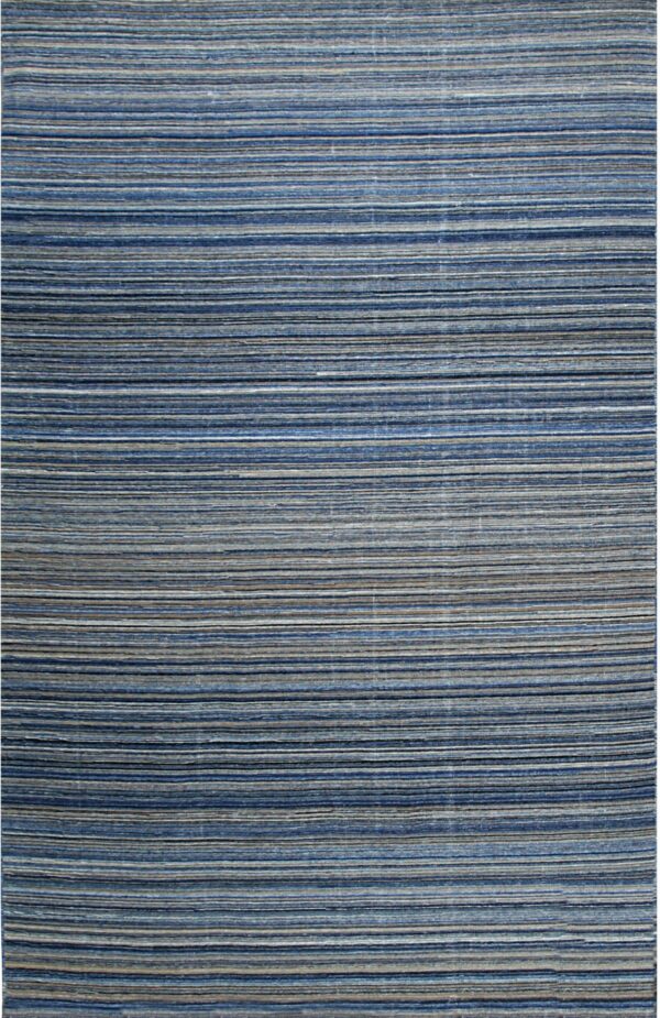 Blue and gray rug with densely packed horizontal lines across the entire surface.