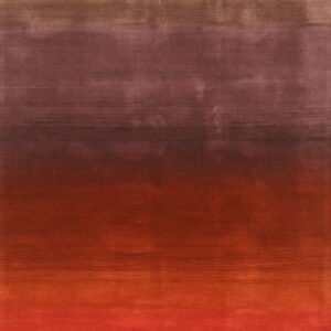 Low pile rug featuring a horizontal gradient that transitions from dark brown to deep rust and bright red.